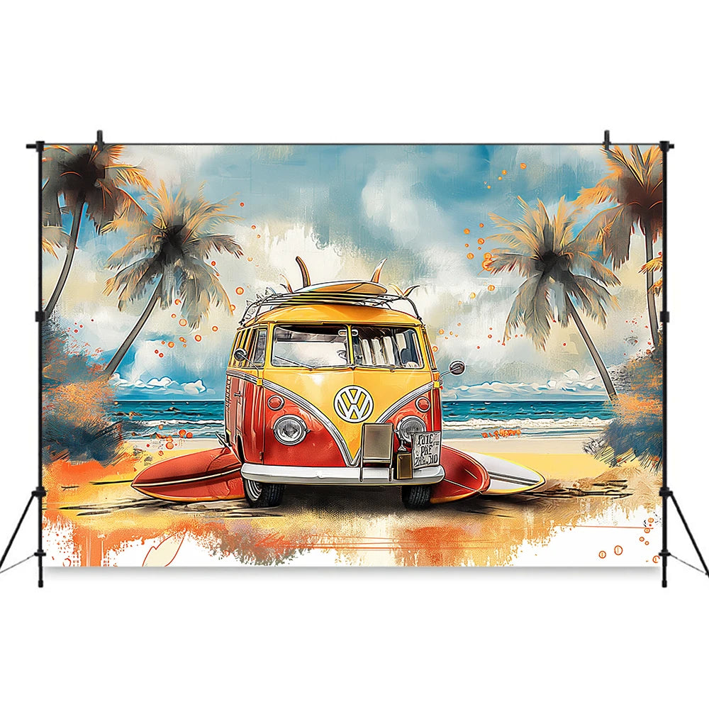 Yellow Car with Surfboard Backdrop Kids Baby Cake Smash Photography Props Summer Beach Child Adult Birthday Studio Backgrounds
