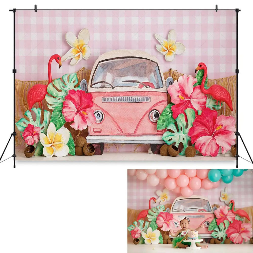 Tropic Flower Bug Photography Backdrop Kids Baby Cake Smash Photocall Decors Pink Bus Child Girls Adult Studio Backgrounds
