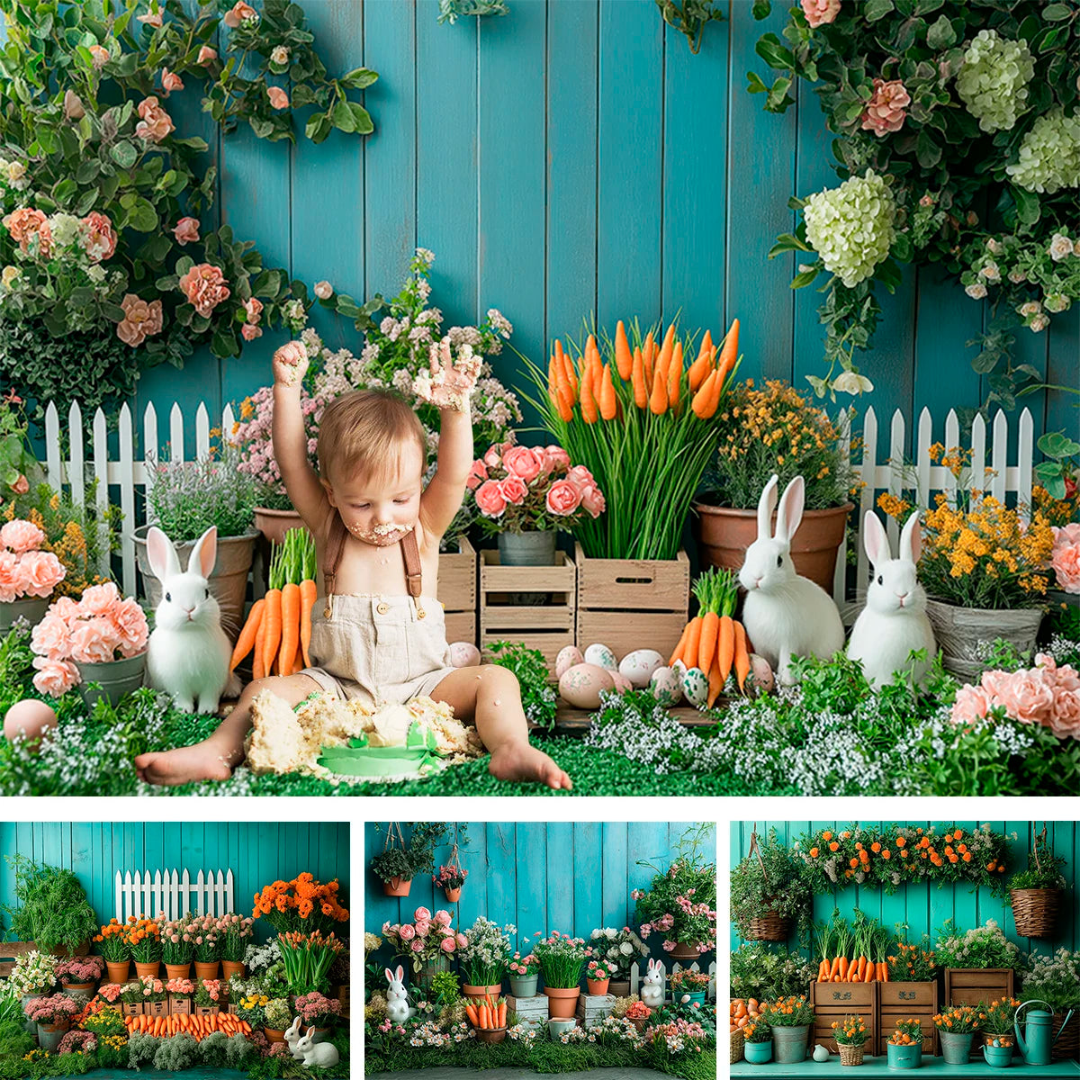 Easter Bunnies Carrots Farm Backdrops Kids Baby Birthday Cake Smash Photocall Spring Garden Jungle Props Backgrounds