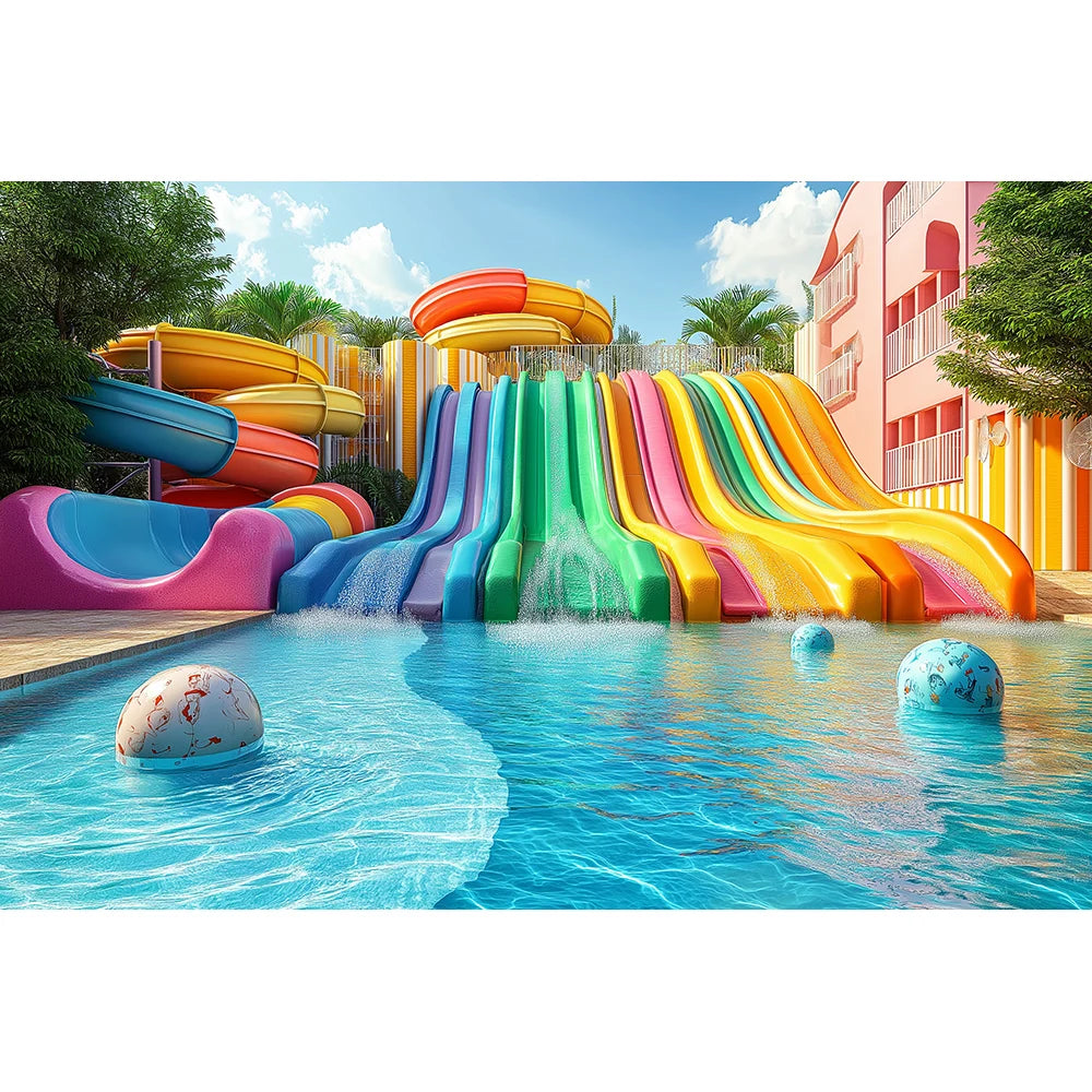 Beachside Water Slides Swimming Pool Backdrops Kids Baby Photography Birthday Cake Smash Props Water Park Scene Backgrounds