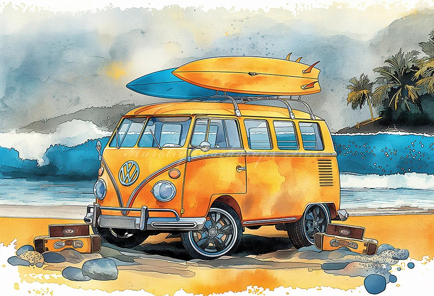Yellow Car with Surfboard Backdrop Kids Baby Cake Smash Photography Props Summer Beach Child Adult Birthday Studio Backgrounds