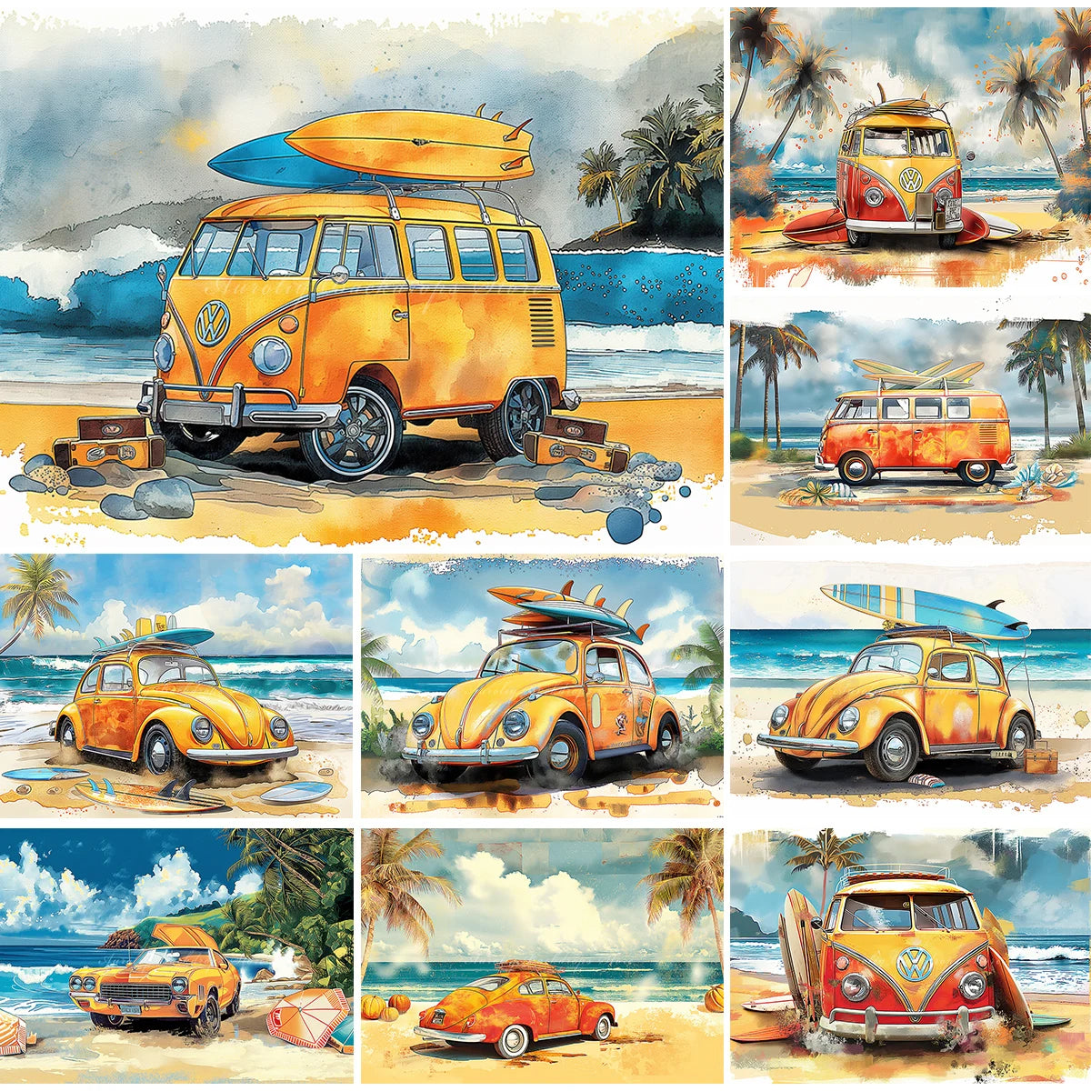 Yellow Car with Surfboard Backdrop Kids Baby Cake Smash Photography Props Summer Beach Child Adult Birthday Studio Backgrounds