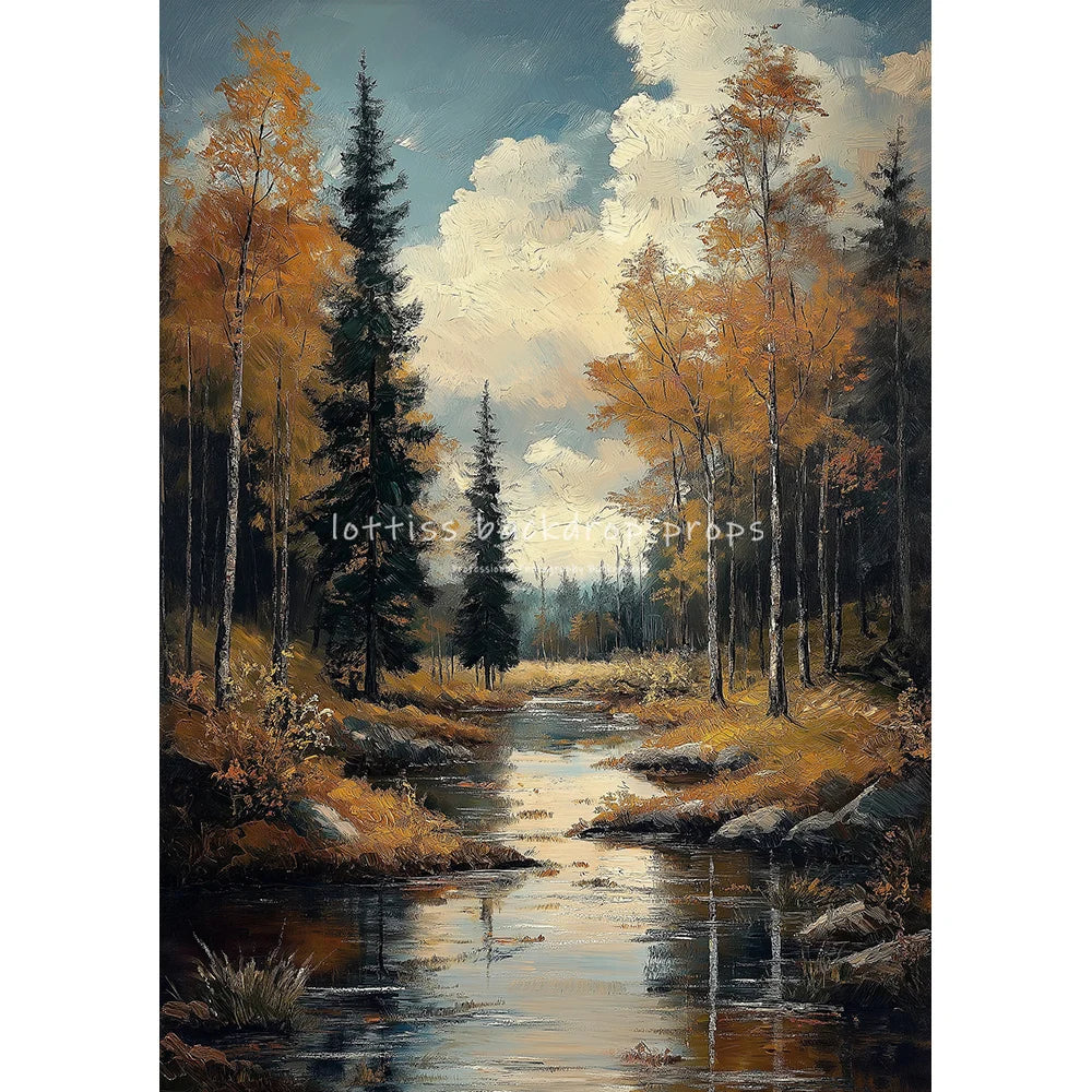 Countryside Stream Village Backdrops Scenery Oil Painting Photography Backdrops Trees Kids Adult Photocall Wedding Backgrounds