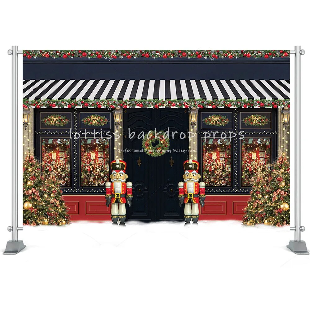 Christmas Toy Store Photography Backdrop Toy Horse Gingerbread House Xmas Room Kids Portrait Background Vintage Wood Door Decor