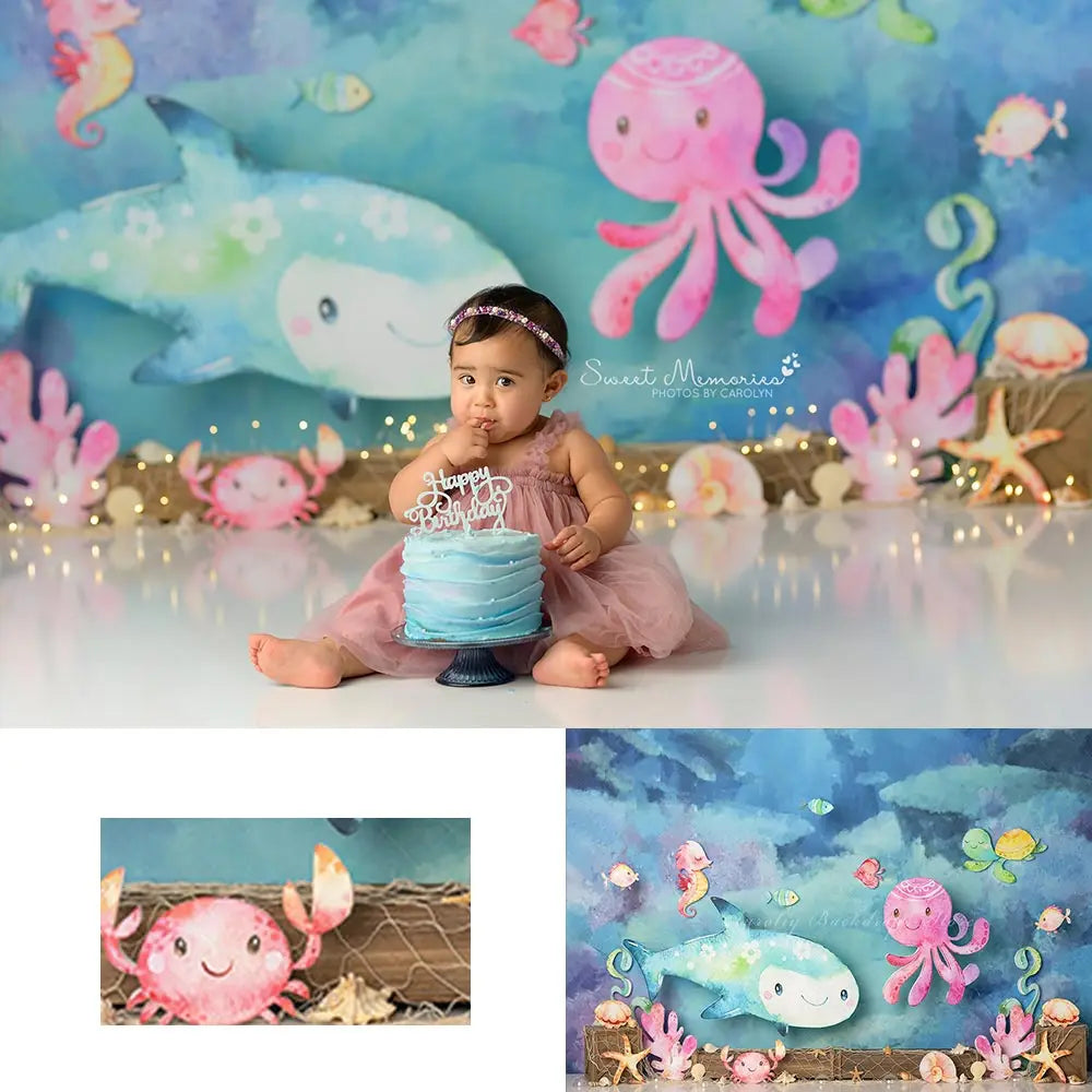 Sea Friends Backdrop Kids Baby Cake Smash Photography Props Undersea Animals Child Adult Birthday Photo Shoot Studio Background