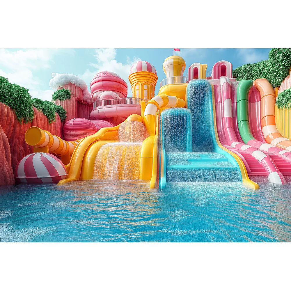 Beachside Water Slides Swimming Pool Backdrops Kids Baby Photography Birthday Cake Smash Props Water Park Scene Backgrounds