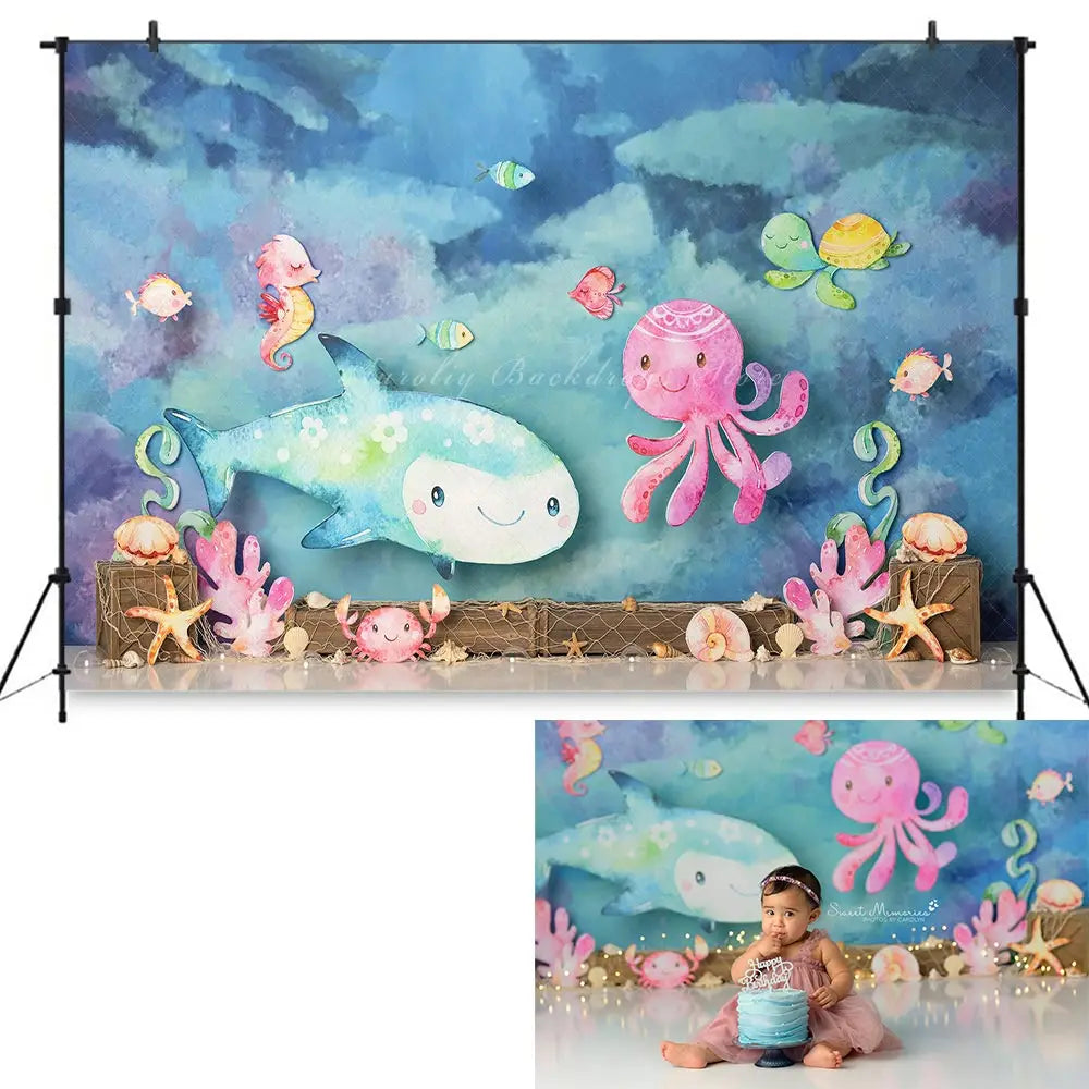 Sea Friends Backdrop Kids Baby Cake Smash Photography Props Undersea Animals Child Adult Birthday Photo Shoot Studio Background