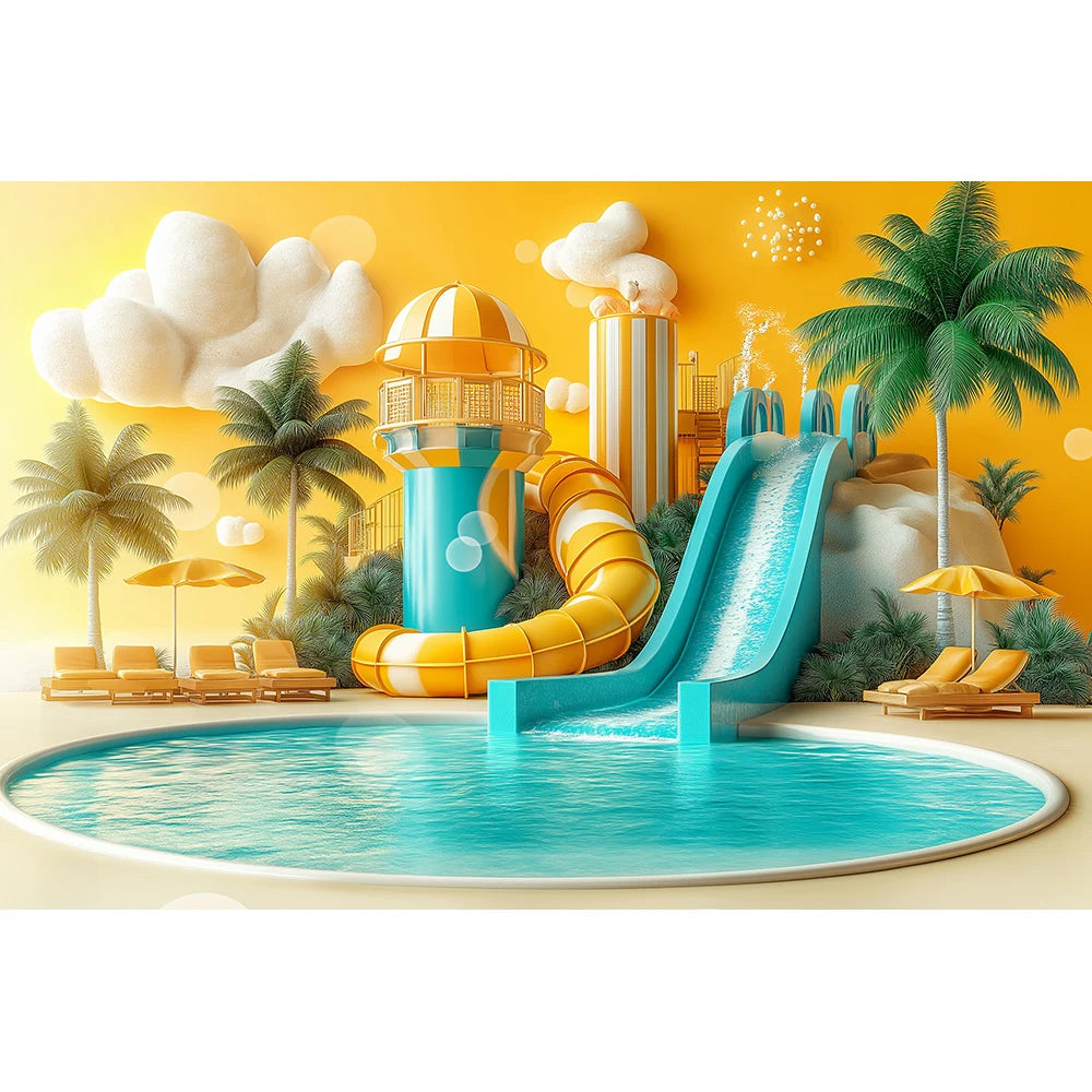 Beachside Water Slides Swimming Pool Backdrops Kids Baby Photography Birthday Cake Smash Props Water Park Scene Backgrounds