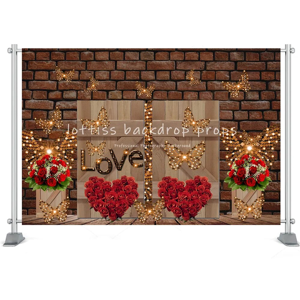 Mur de briques pour la saint-valentin, porte en bois, cœur de Rose rouge, magasin de fleurs, mur de briques, arrière-plan pour Photo, accessoires de séance Photo en Studio