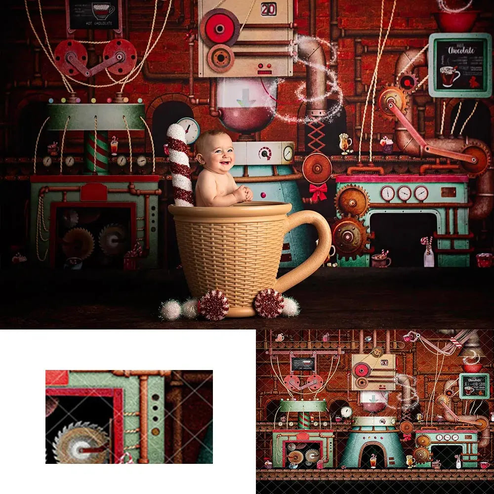 Hot Cocoa Factory Backdrop Kids Baby Cake Smash Photography Props Child Adult Birthday Studio Backgrounds