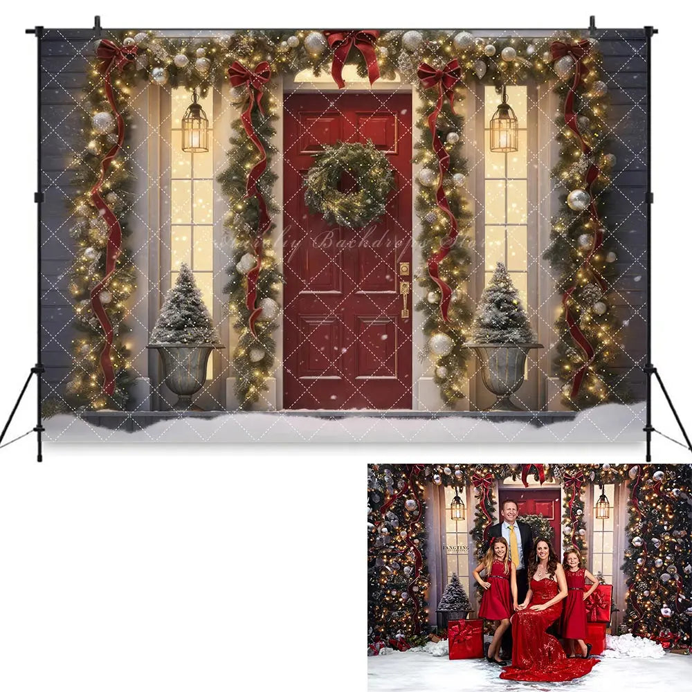 Christmas Red Door Backdrop Winter Snowy Girls Adult Birthday Studio Backgrounds Kids Baby Cake Smash Photography Props