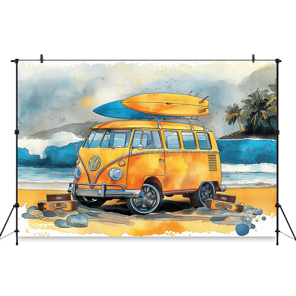 Yellow Car with Surfboard Backdrop Kids Baby Cake Smash Photography Props Summer Beach Child Adult Birthday Studio Backgrounds