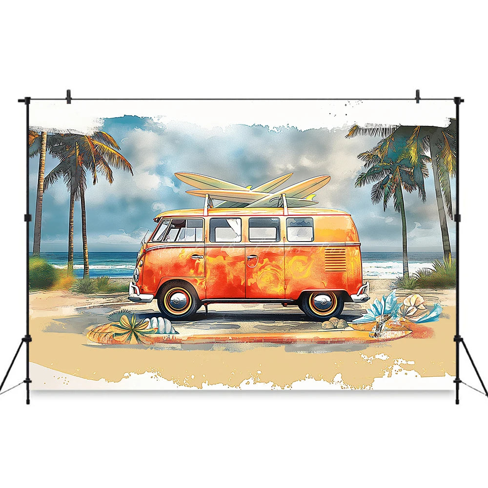 Yellow Car with Surfboard Backdrop Kids Baby Cake Smash Photography Props Summer Beach Child Adult Birthday Studio Backgrounds