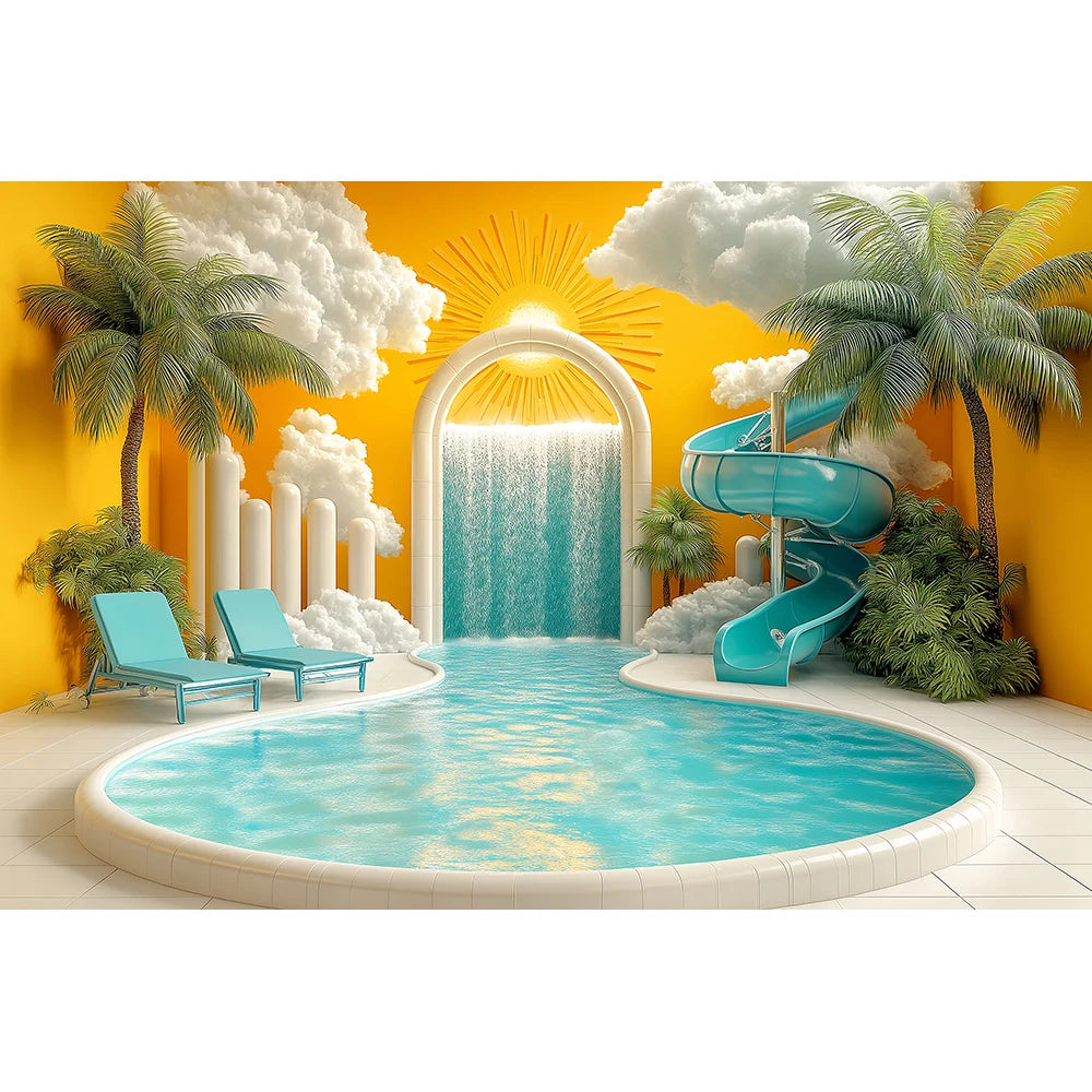 Beachside Water Slides Swimming Pool Backdrops Kids Baby Photography Birthday Cake Smash Props Water Park Scene Backgrounds