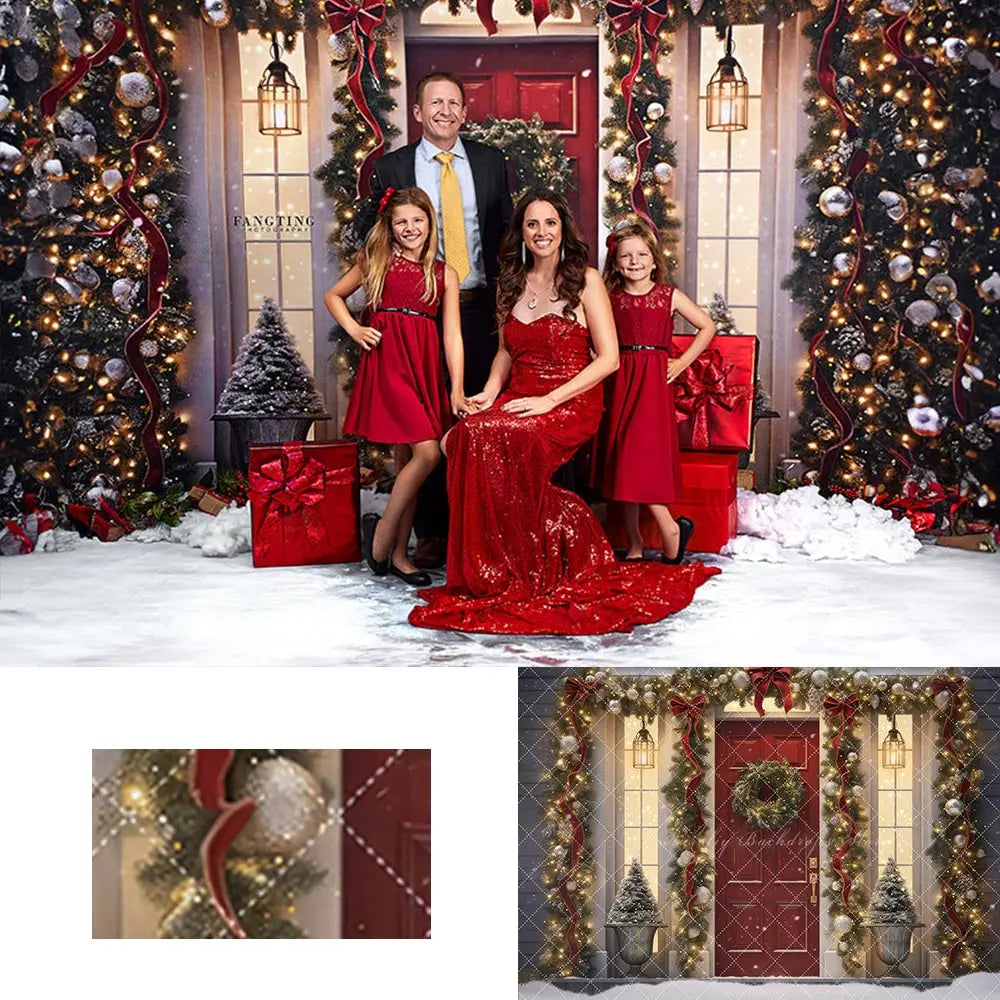 Christmas Red Door Backdrop Winter Snowy Girls Adult Birthday Studio Backgrounds Kids Baby Cake Smash Photography Props