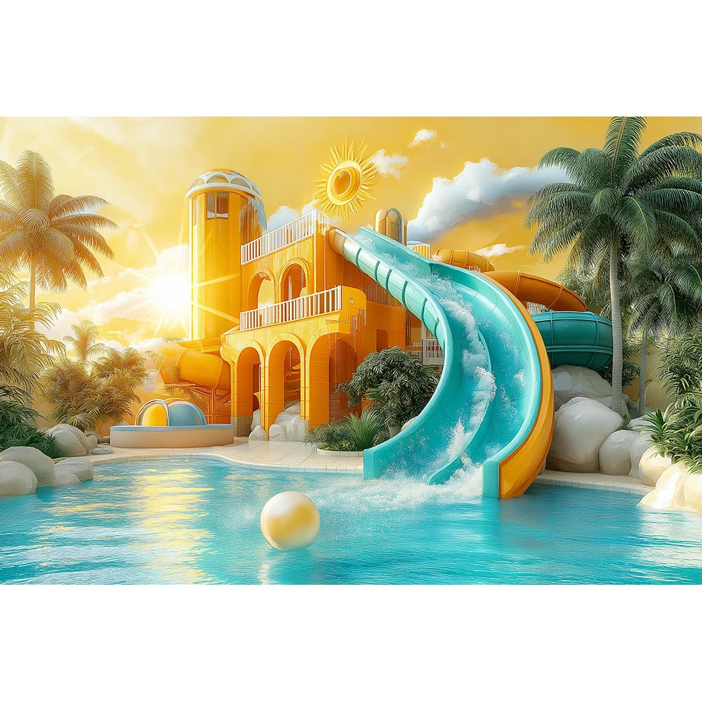 Beachside Water Slides Swimming Pool Backdrops Kids Baby Photography Birthday Cake Smash Props Water Park Scene Backgrounds