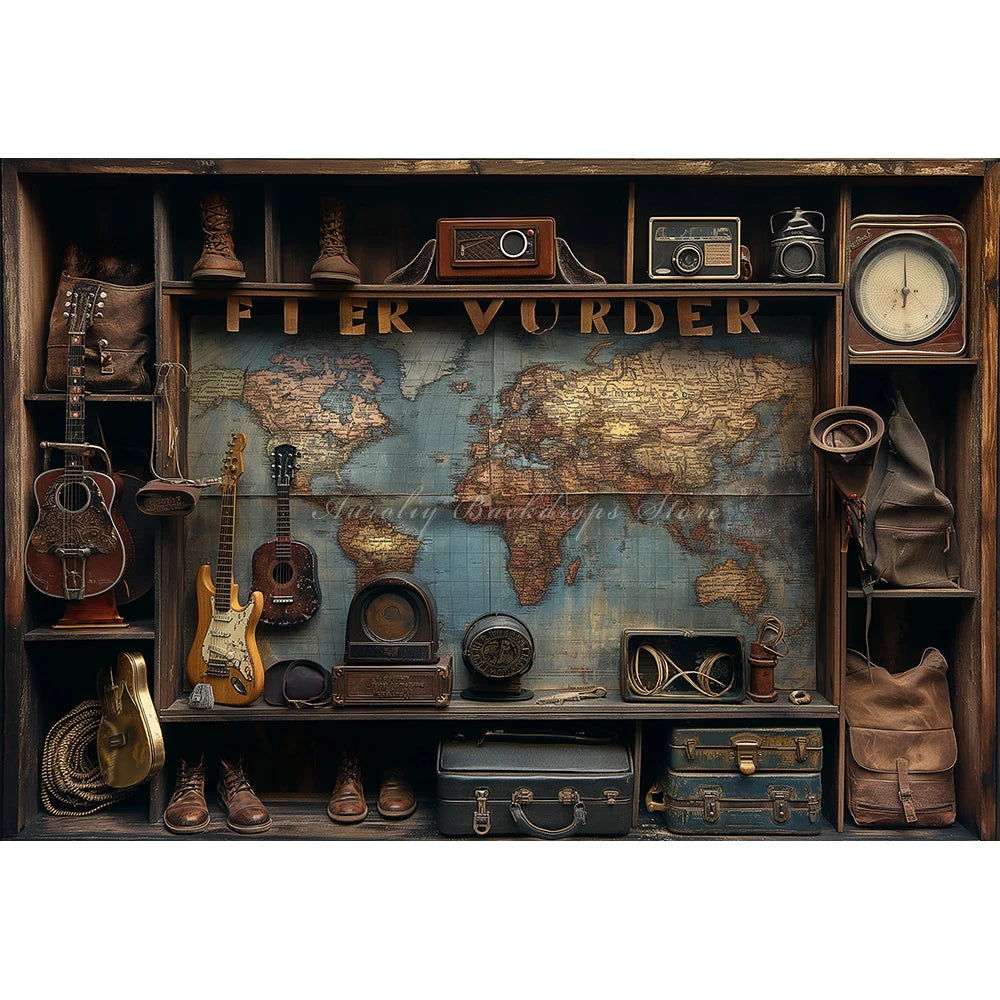 Travel Map and Guitar Photography Backdrop Kids Baby Party Decors Shoes and Bags Child Adult Photo Studio Backgrounds