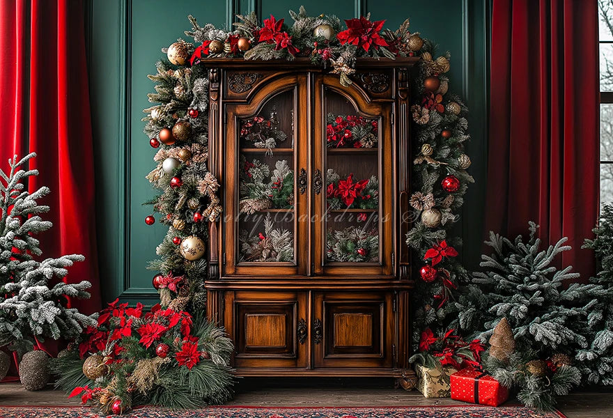Large Cabinet With Christmas Decorations Photo Backdrop Kids Baby Cake Smash Photography Props Family Party Photocall Background
