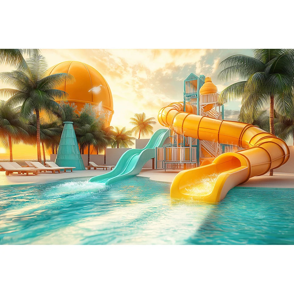 Beachside Water Slides Swimming Pool Backdrops Kids Baby Photography Birthday Cake Smash Props Water Park Scene Backgrounds