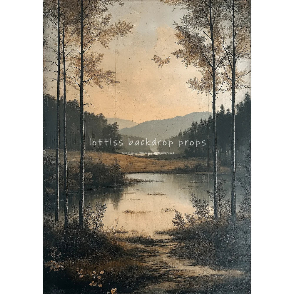Countryside River Cottage Vintage Scenery Oil Painting Photography Backdrops Kids Adult Photocall Sunset Village Backgrounds
