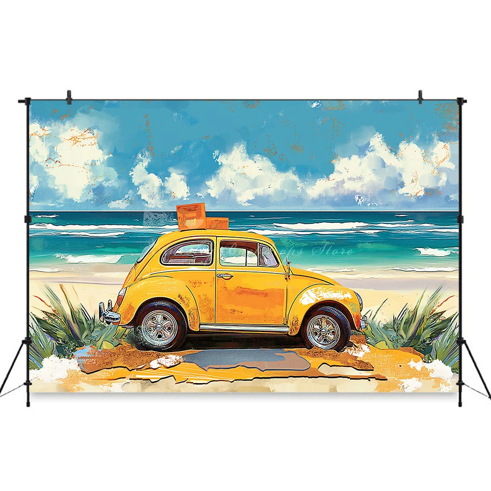 Yellow Car with Surfboard Backdrop Kids Baby Cake Smash Photography Props Summer Beach Child Adult Birthday Studio Backgrounds