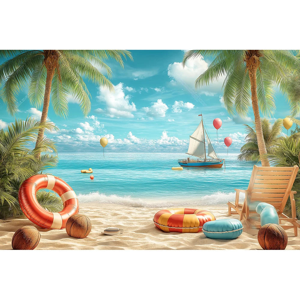 Beach Summer Palm Trees Backdrops Kids Baby Birthday Cake Smash Props Child Adult Photography Surfing Castle Sunset Backgrounds