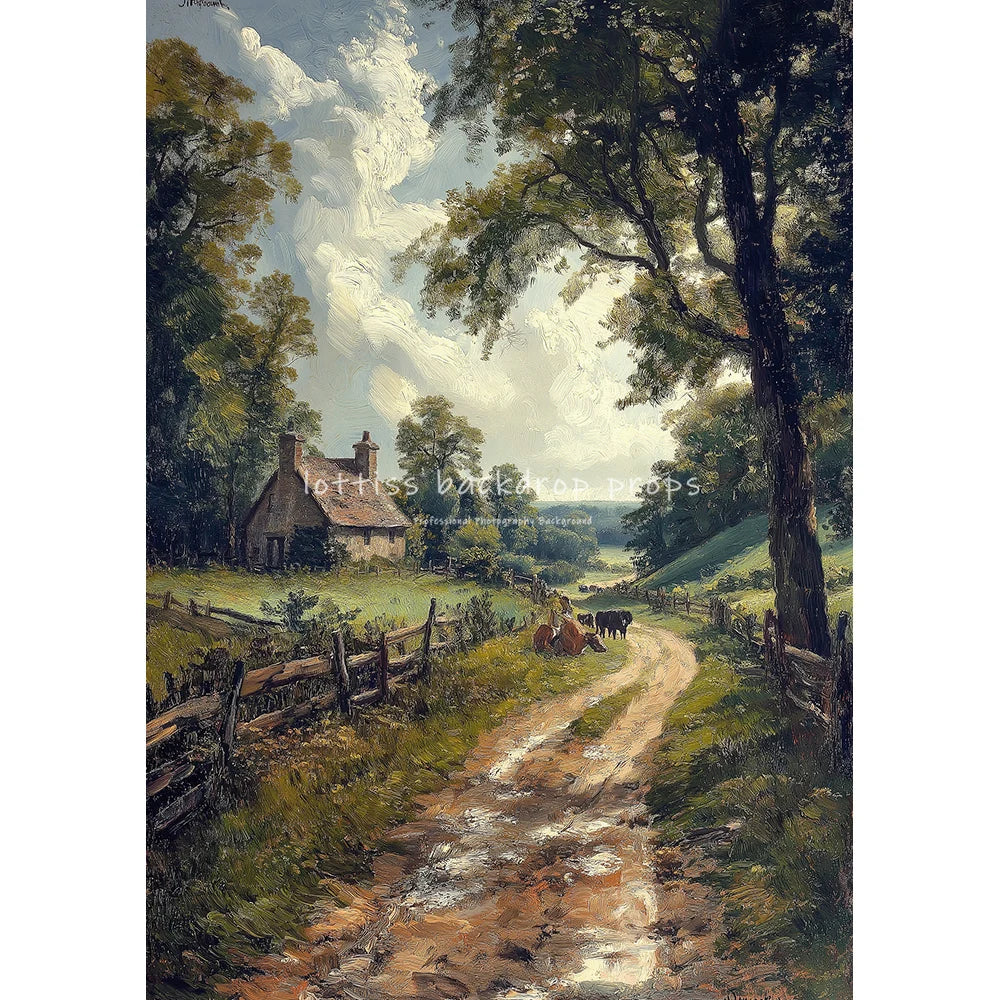 Countryside Path Backdrops Scenery Oil Painting Photography Backdrops Wedding Kids Adult Photocall Farmhouse Cottage Backgrounds