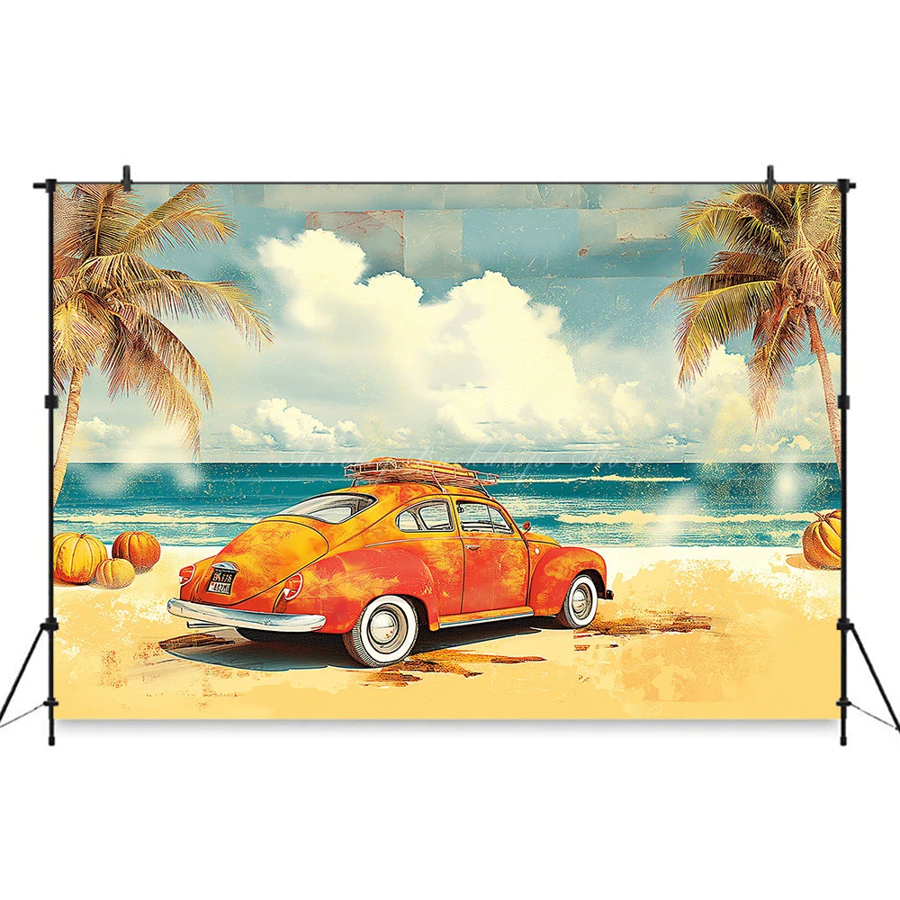 Yellow Car with Surfboard Backdrop Kids Baby Cake Smash Photography Props Summer Beach Child Adult Birthday Studio Backgrounds