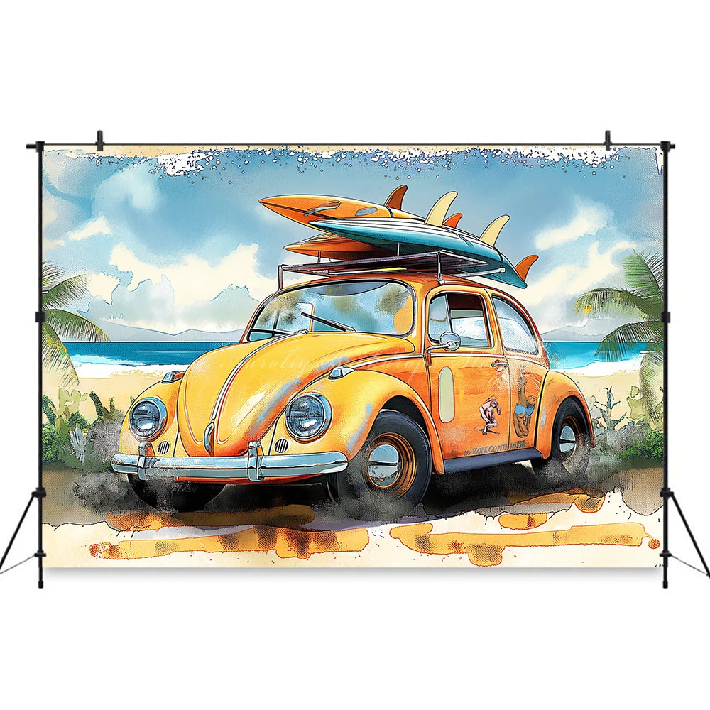 Yellow Car with Surfboard Backdrop Kids Baby Cake Smash Photography Props Summer Beach Child Adult Birthday Studio Backgrounds