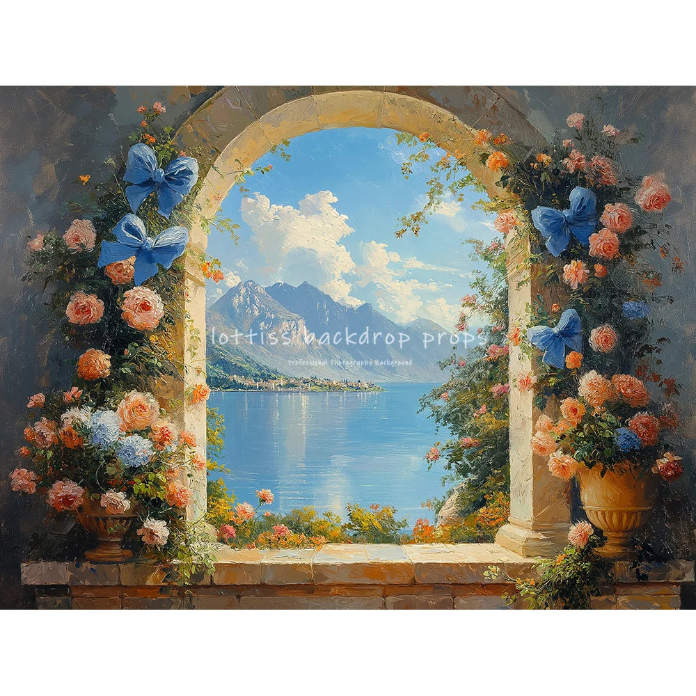 Realistic Oil Painting Of An Arch With Blue Satin Backdrops Kids Adult Photography Child Baby Woman Pregnant Backgrounds