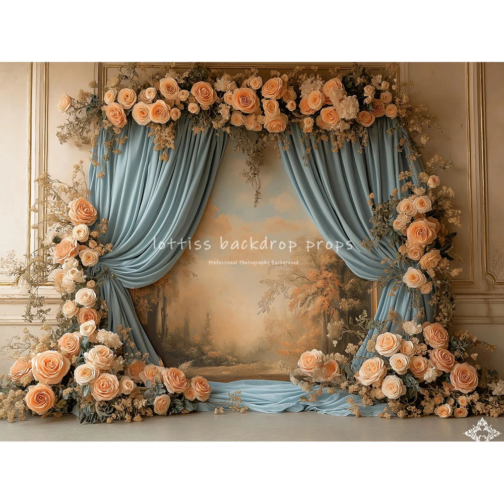 Realistic Oil Painting Of An Arch With Blue Satin Backdrops Kids Adult Photography Child Baby Woman Pregnant Backgrounds