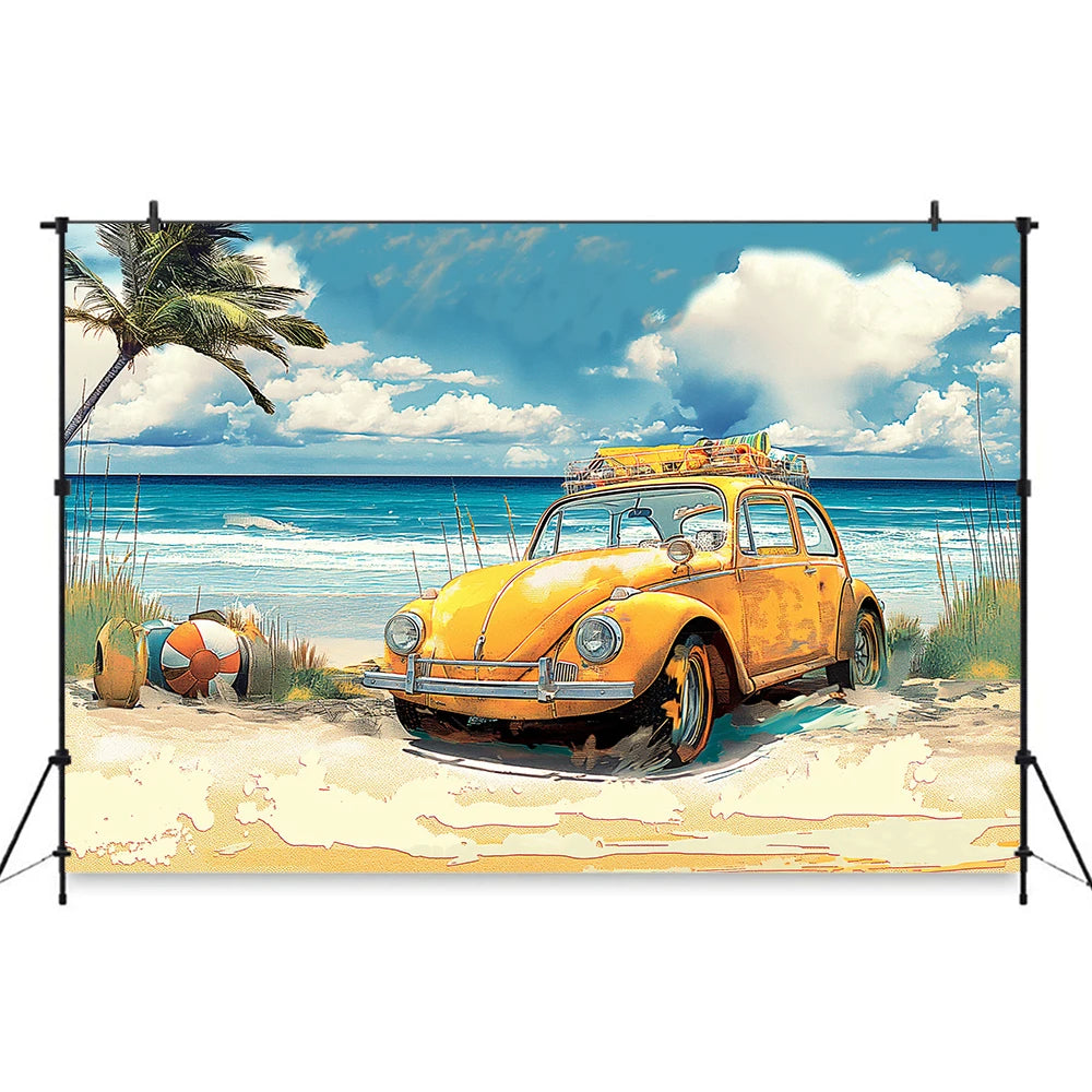 Yellow Car with Surfboard Backdrop Kids Baby Cake Smash Photography Props Summer Beach Child Adult Birthday Studio Backgrounds