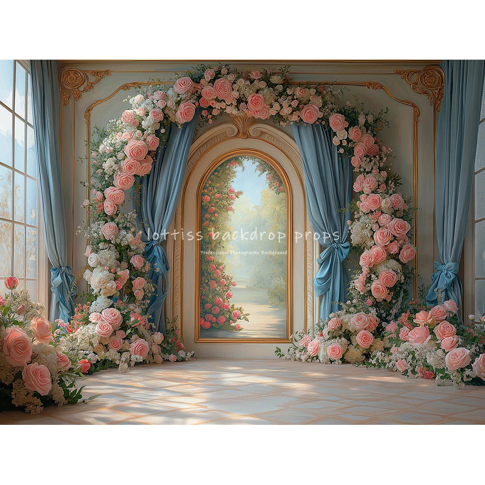 Realistic Oil Painting Of An Arch With Blue Satin Backdrops Kids Adult Photography Child Baby Woman Pregnant Backgrounds