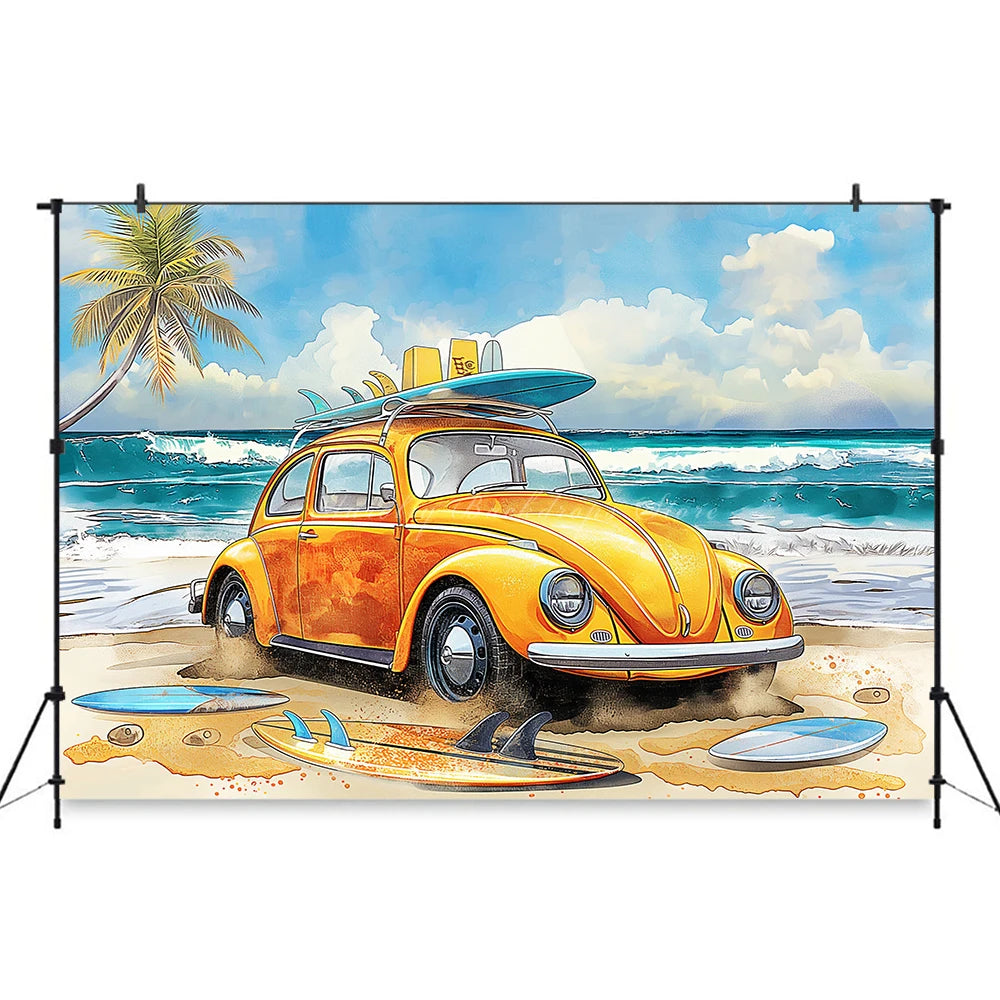 Yellow Car with Surfboard Backdrop Kids Baby Cake Smash Photography Props Summer Beach Child Adult Birthday Studio Backgrounds