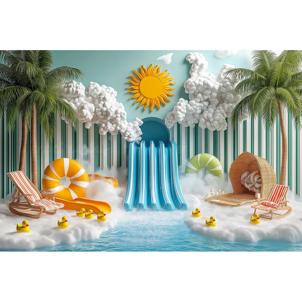 Beachside Water Slides Swimming Pool Backdrops Kids Baby Photography Birthday Cake Smash Props Water Park Scene Backgrounds