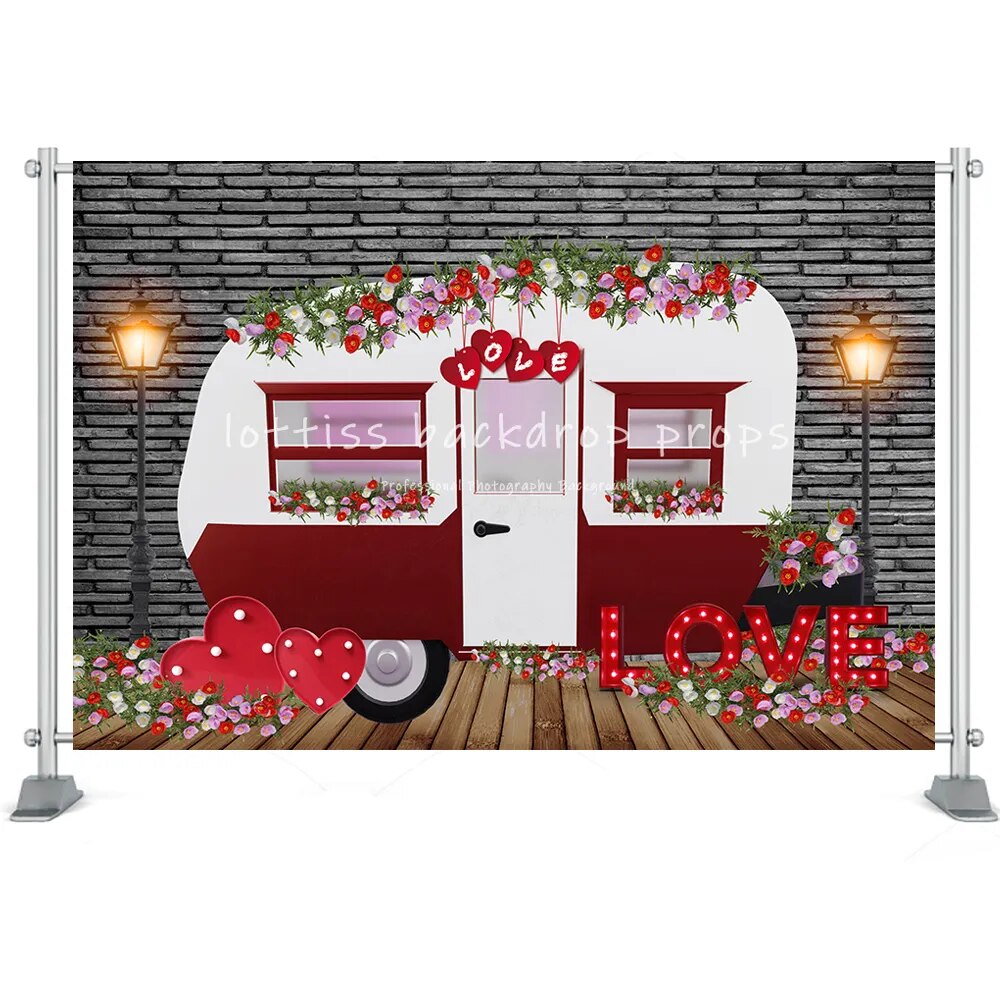 Mur de briques pour la saint-valentin, porte en bois, cœur de Rose rouge, magasin de fleurs, mur de briques, arrière-plan pour Photo, accessoires de séance Photo en Studio