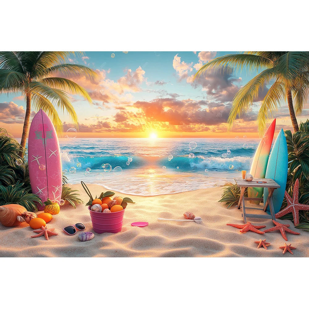 Beach Summer Palm Trees Backdrops Kids Baby Birthday Cake Smash Props Child Adult Photography Surfing Castle Sunset Backgrounds