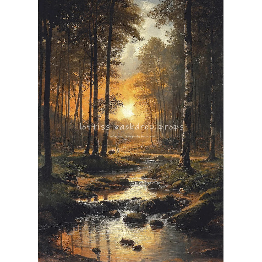 Countryside Stream Village Backdrops Scenery Oil Painting Photography Backdrops Trees Kids Adult Photocall Wedding Backgrounds