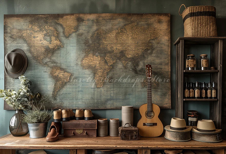 Travel Map and Guitar Photography Backdrop Kids Baby Party Decors Shoes and Bags Child Adult Photo Studio Backgrounds