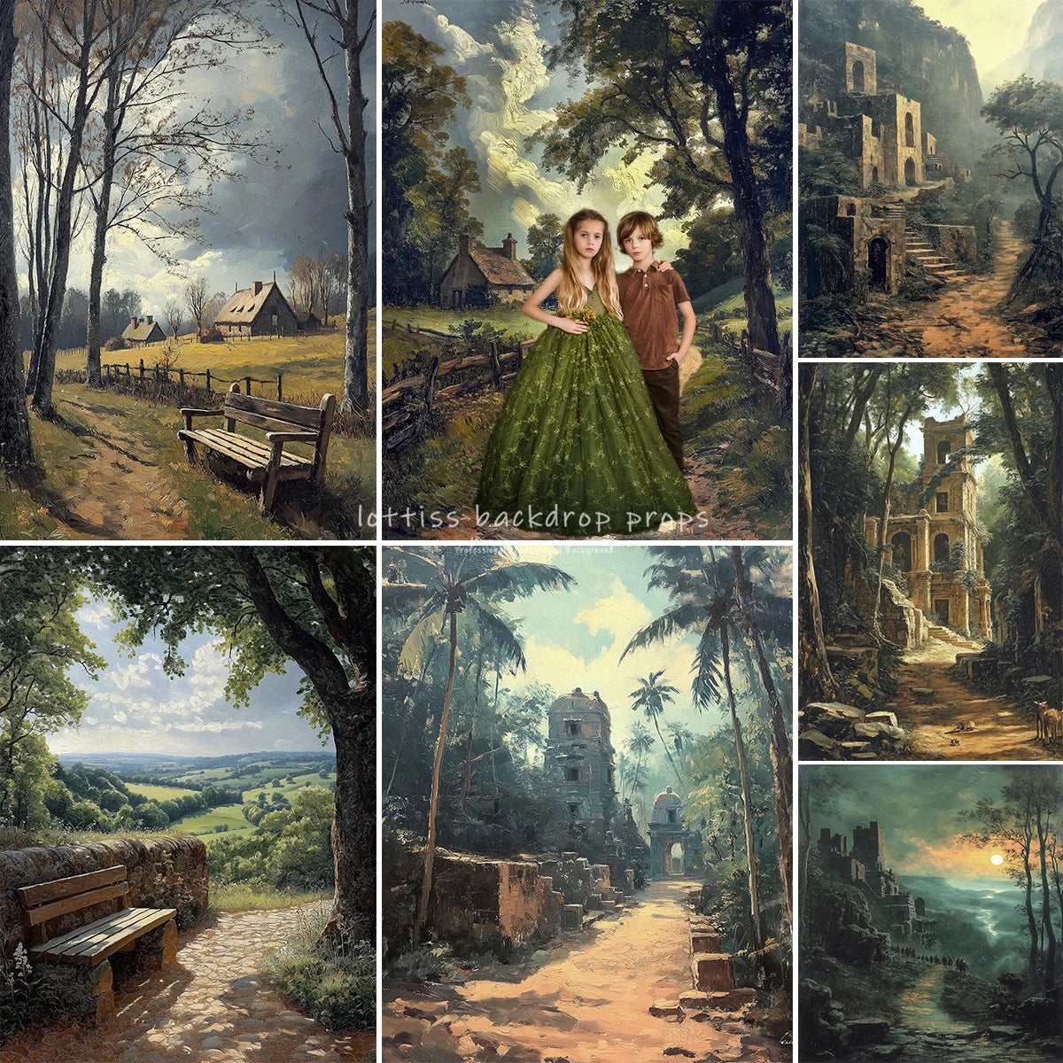 Countryside Path Backdrops Scenery Oil Painting Photography Backdrops Wedding Kids Adult Photocall Farmhouse Cottage Backgrounds
