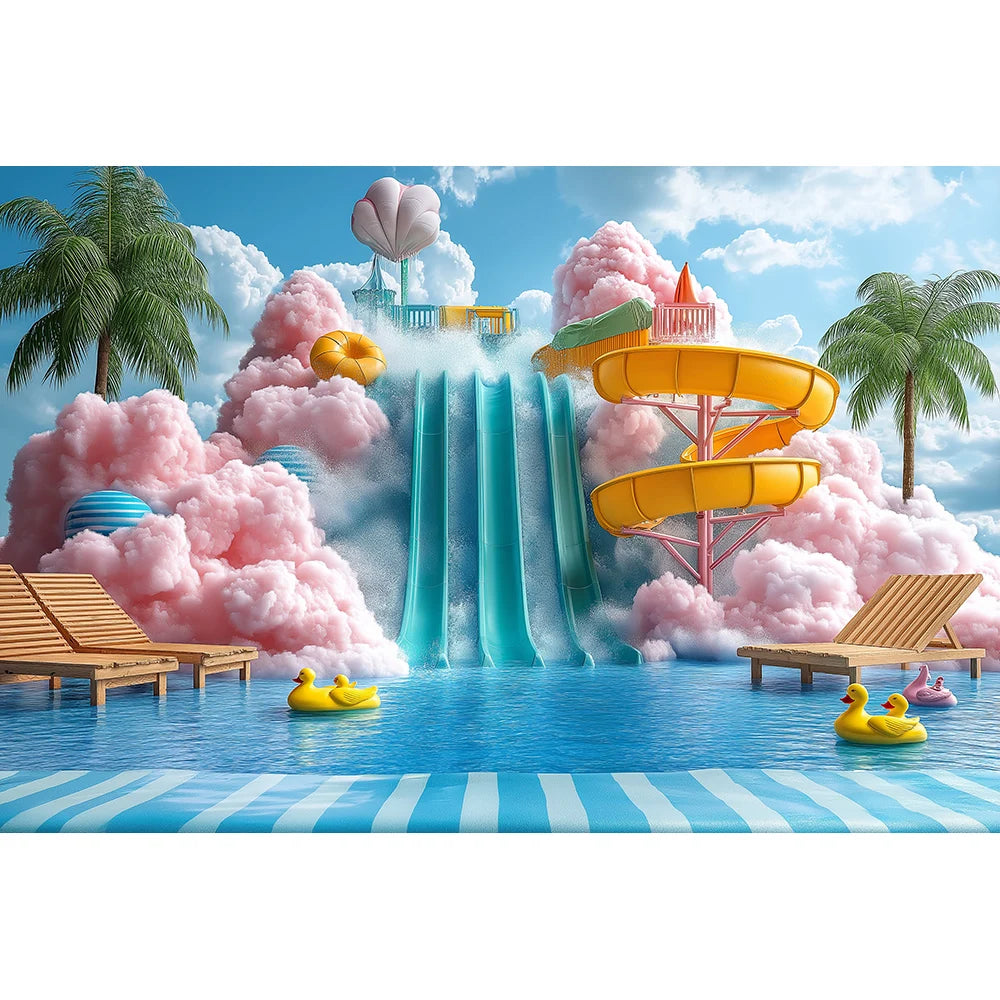 Beachside Water Slides Swimming Pool Backdrops Kids Baby Photography Birthday Cake Smash Props Water Park Scene Backgrounds