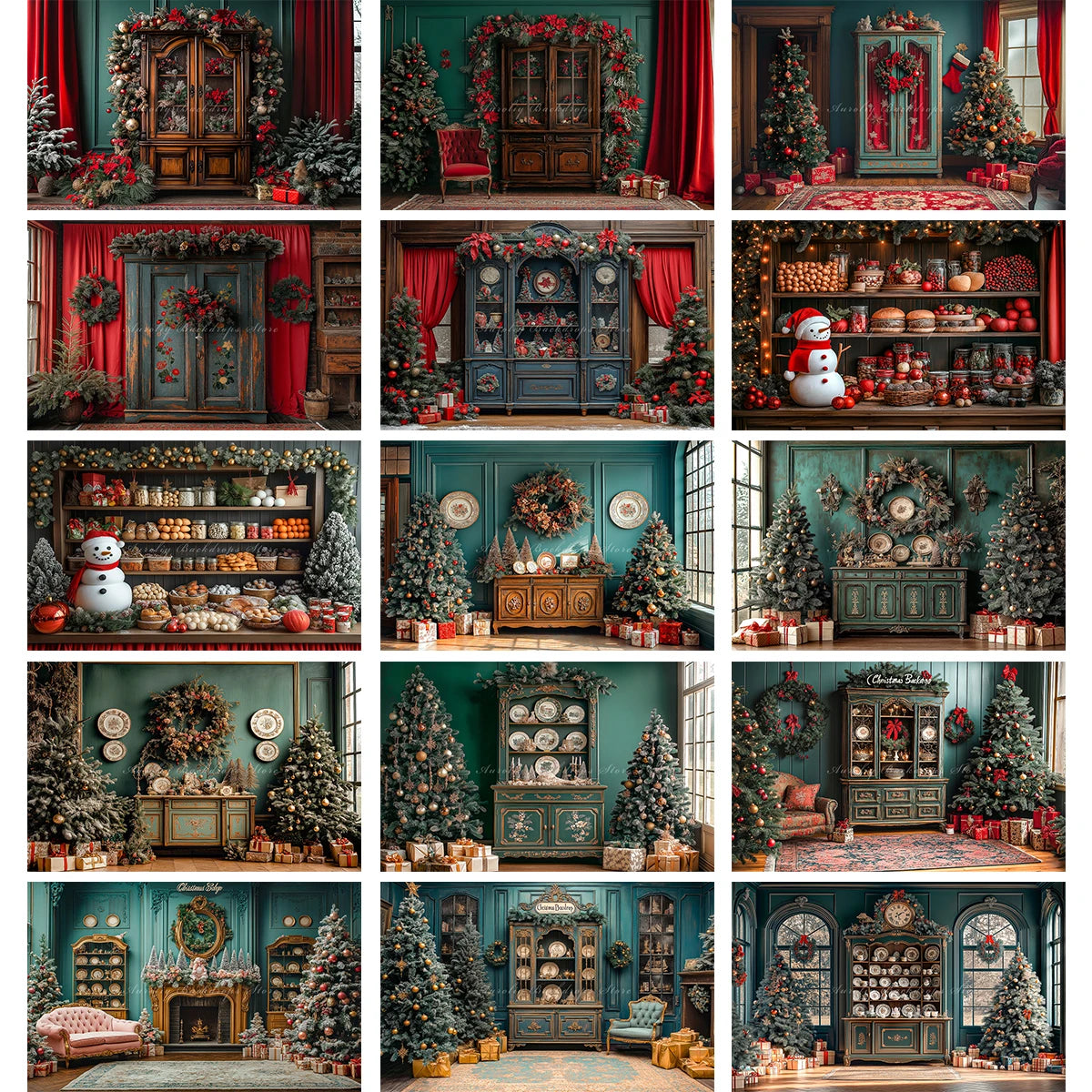 Large Cabinet With Christmas Decorations Photo Backdrop Kids Baby Cake Smash Photography Props Family Party Photocall Background