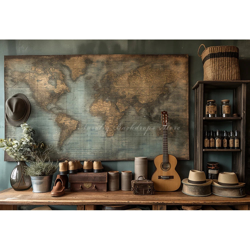 Travel Map and Guitar Photography Backdrop Kids Baby Party Decors Shoes and Bags Child Adult Photo Studio Backgrounds