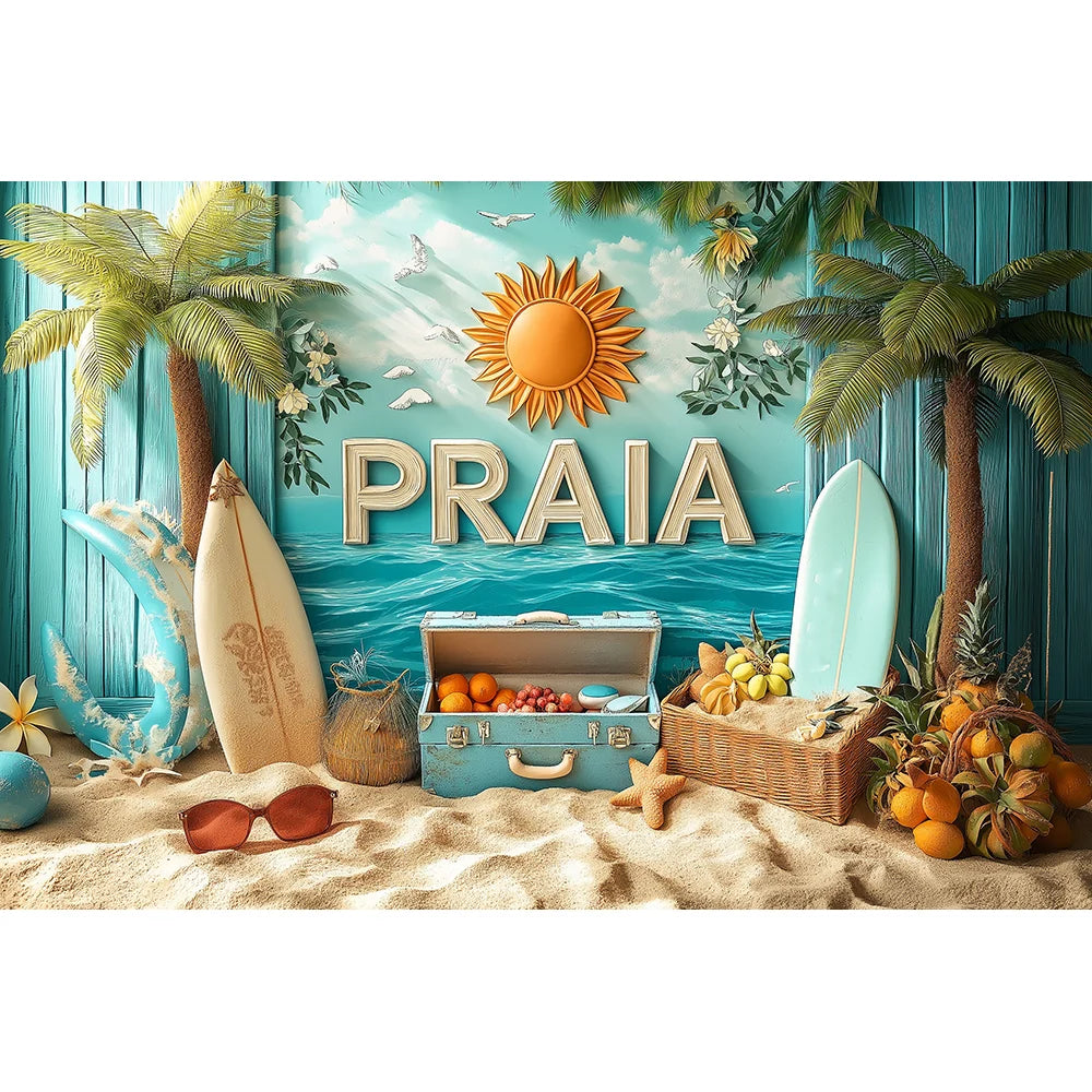 Beach Summer Palm Trees Backdrops Kids Baby Birthday Cake Smash Props Child Adult Photography Surfing Castle Sunset Backgrounds