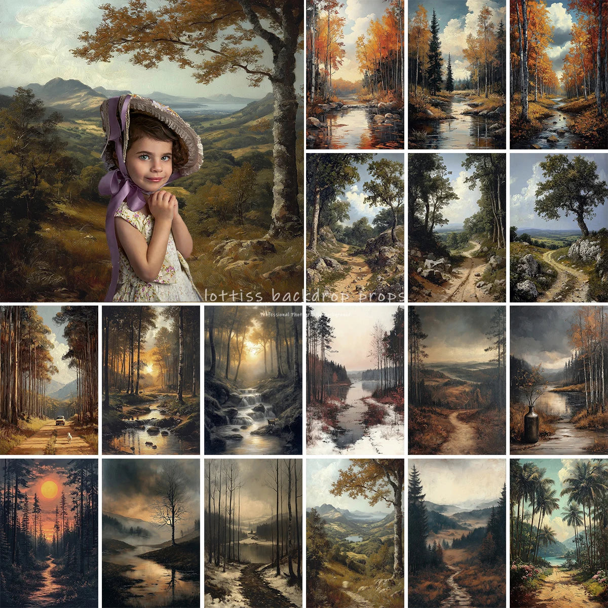 Countryside Stream Village Backdrops Scenery Oil Painting Photography Backdrops Trees Kids Adult Photocall Wedding Backgrounds