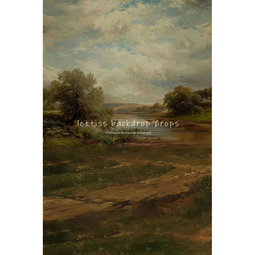 Countryside Path Backdrops Scenery Oil Painting Photography Backdrops Wedding Kids Adult Photocall Farmhouse Cottage Backgrounds