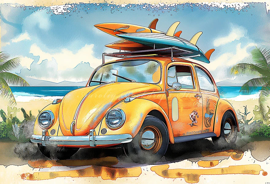 Yellow Car with Surfboard Backdrop Kids Baby Cake Smash Photography Props Summer Beach Child Adult Birthday Studio Backgrounds