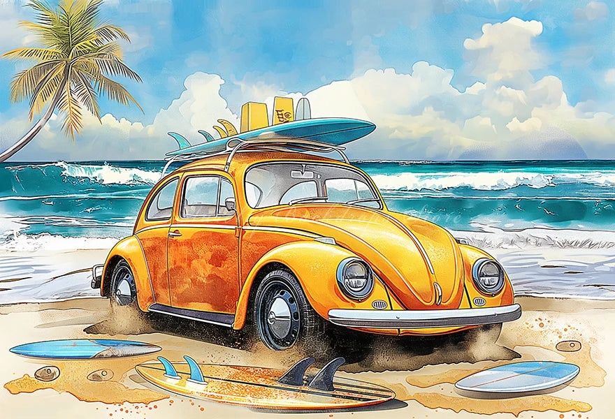 Yellow Car with Surfboard Backdrop Kids Baby Cake Smash Photography Props Summer Beach Child Adult Birthday Studio Backgrounds