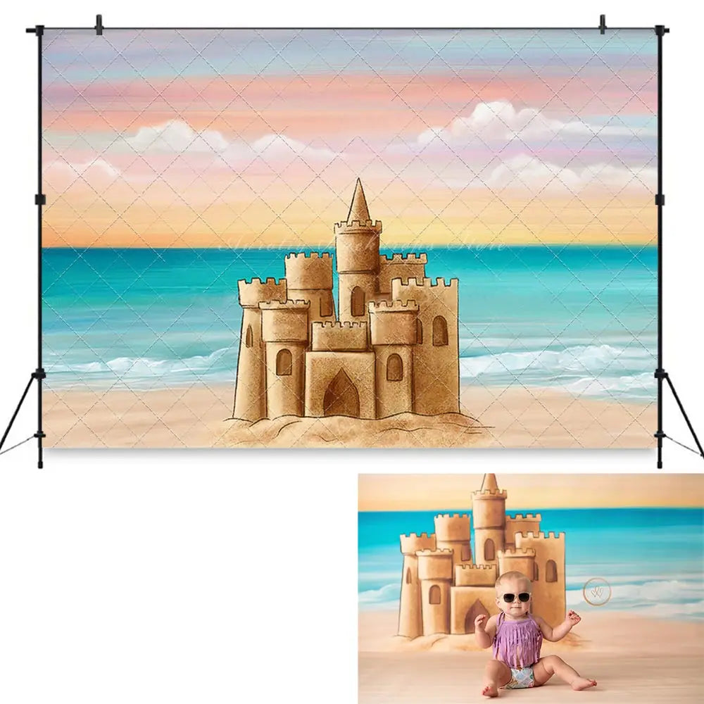 Summer Beach Sand Castle Photography Backdrop Kids Baby Cake Smash Photocall Decors Child Girls Adult Birthday Studio Background