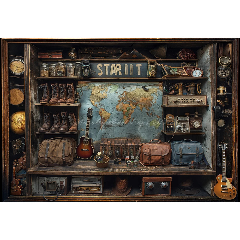 Travel Map and Guitar Photography Backdrop Kids Baby Party Decors Shoes and Bags Child Adult Photo Studio Backgrounds